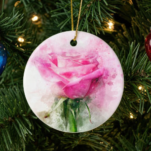 Pink Rose Watercolor Art on White Background Ceramic Tree Decoration