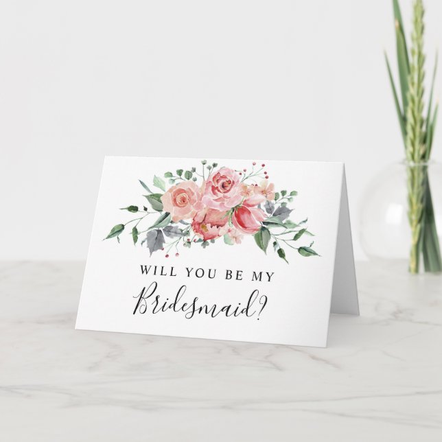 Pink Rose Watercolor Bridesmaid Chic Flowers Card (Front)