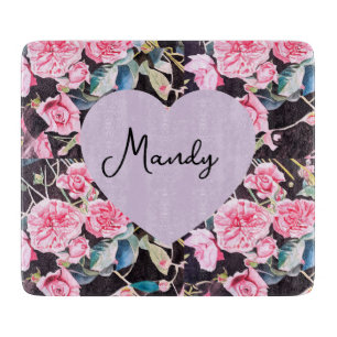 Pink Rose Watercolor Flowers Floral Painting Girls Cutting Board