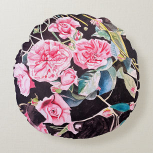 Pink Rose Watercolor Flowers Floral Painting Round Cushion