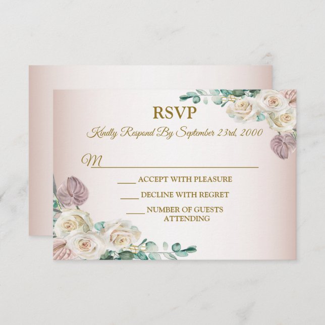 Pink Rose Watercolor Greenery Golden Dusty Elegant RSVP Card (Front/Back)