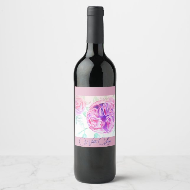 Pink Rose Watercolor Lilac Pink Thank You Wine Label (Front)