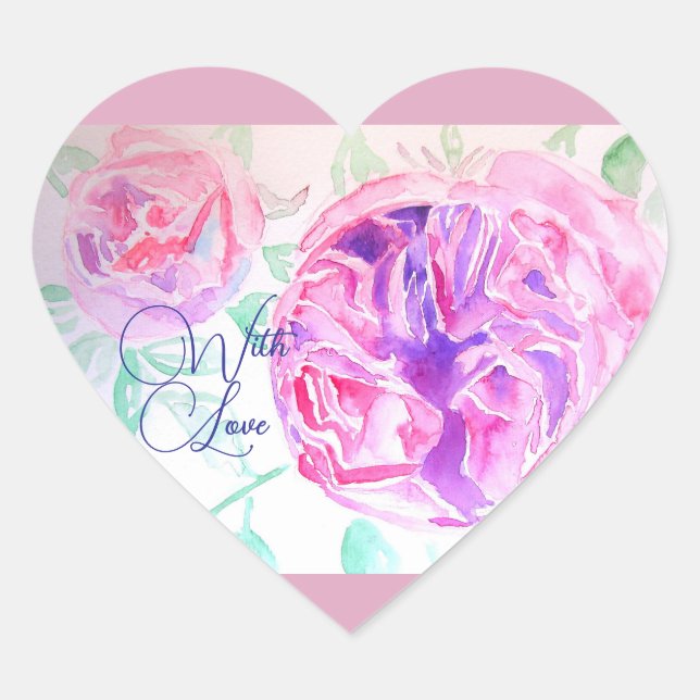 Pink Rose Watercolor Lilac Pink With Love Heart Sticker (Front)