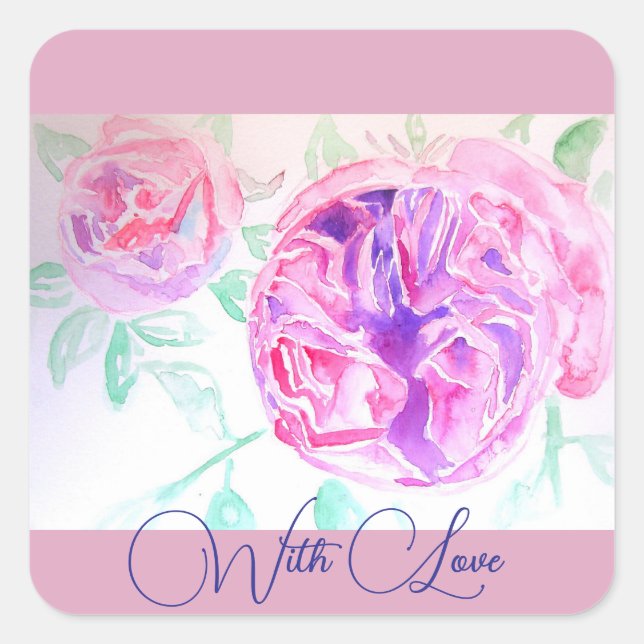Pink Rose Watercolor Lilac Pink With Love Square Sticker (Front)