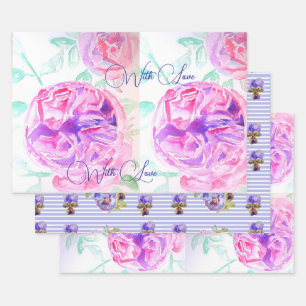 Pink Rose Watercolor Lilac Roses Flower Floral Wrapping Paper Sheet