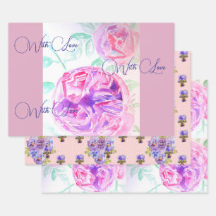 Pink Rose Watercolor Lilac Roses Flower Floral Wrapping Paper Sheet