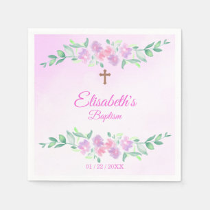 Pink Rose Watercolor Ombre Cross Baptism Custom Napkin