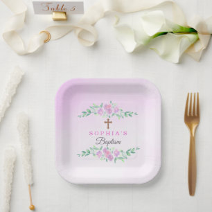 Pink Rose Watercolor Ombre Cross Baptism Custom Paper Plate