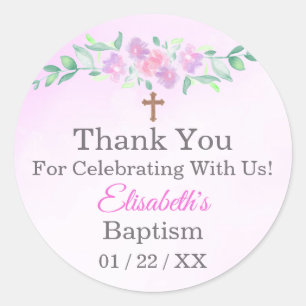 Pink Rose Watercolor Ombre Cross Baptism Favor Classic Round Sticker