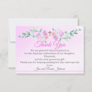 Pink Rose Watercolor Ombre Cross Baptism Girl Flat Thank You Card