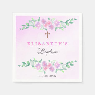 Pink Rose Watercolor Ombre Cross Baptism Napkin