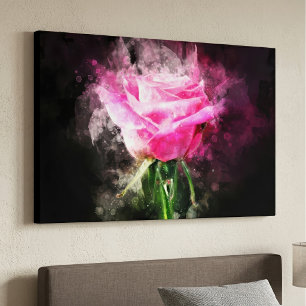 Pink Rose Watercolor on Black Background Canvas Print
