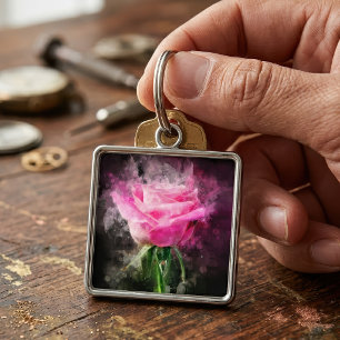 Pink Rose Watercolor on Black Background Key Ring