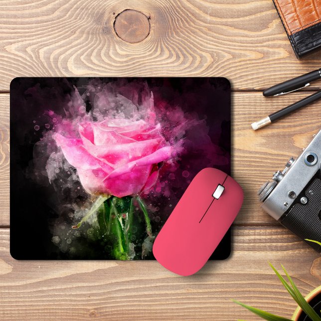 Pink Rose Watercolor on Black Background Mouse Mat (Pink Rose Watercolor on Black Background. Mouse Pad)