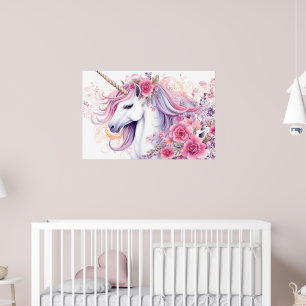 Pink Rose Watercolor Unicorn Floral Poster