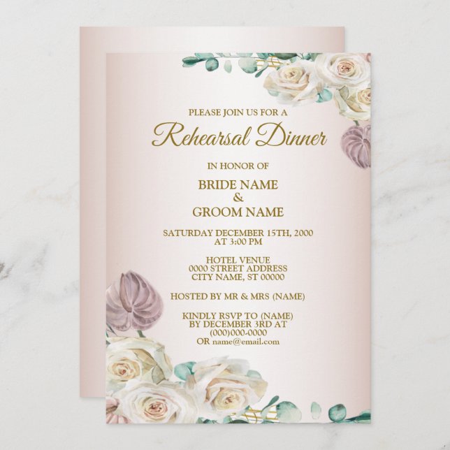 Pink Rose Watercolor Wedding Rehearsal Dinner Invitation (Front/Back)