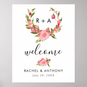 Pink Rose Watercolor Welcome Wedding Sign Chic