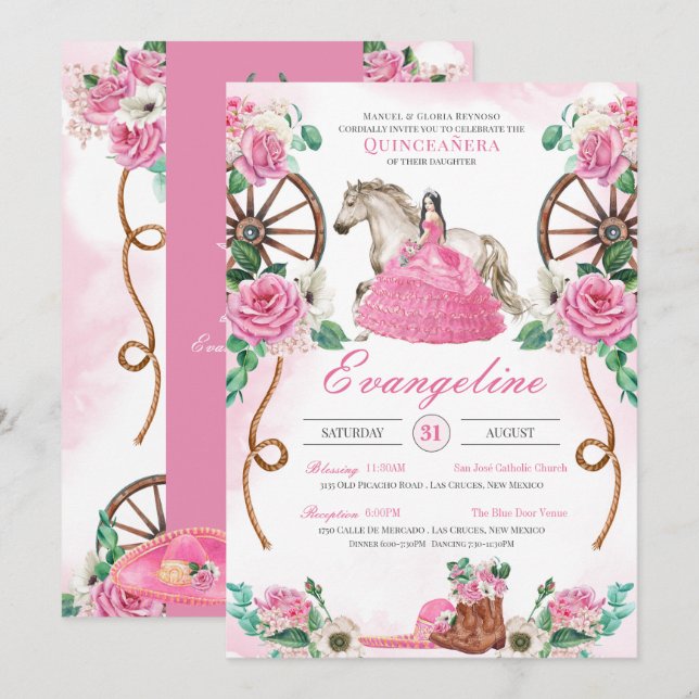 Pink Rose Watercolor Western Charro Quinceanera  Invitation (Front/Back)