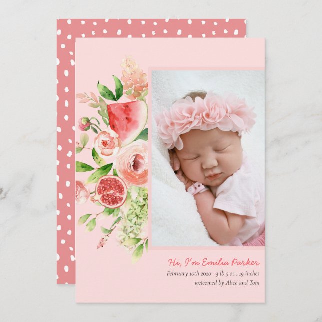 Pink Rose Watermelon | Modern Elegant Floral Birth Announcement (Front/Back)