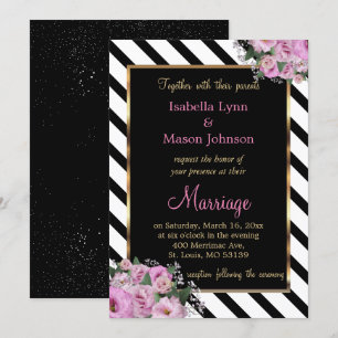 Pink Rose Wedding Black & White Stripe Invitation
