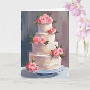 Pink Rose Wedding Cake   Watercolor Wedding Card