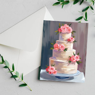 Pink Rose Wedding Cake   Watercolor Wedding Card
