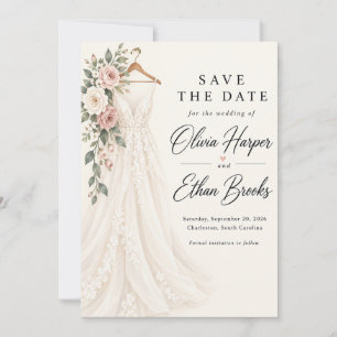 Pink Rose Wedding Dress Save the Date Invitation
