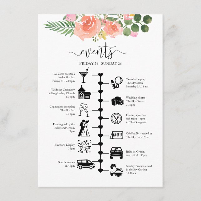 Pink Rose Wedding Guest Itinerary Illustrated Advice Card (Front)