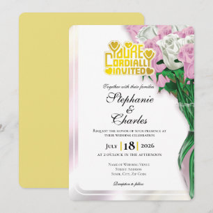 Pink Rose Wedding Invitation - Gold Lettering 3