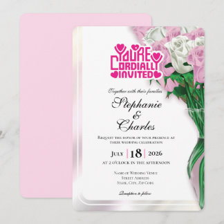 Pink Rose Wedding Invitation - Pink Lettering 4