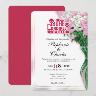 Pink Rose Wedding Invitation - Red Lettering 3
