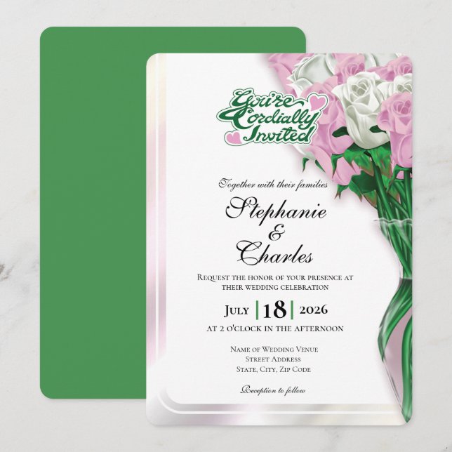 Pink Rose Wedding Invite - Green Letters 1 (Front/Back)