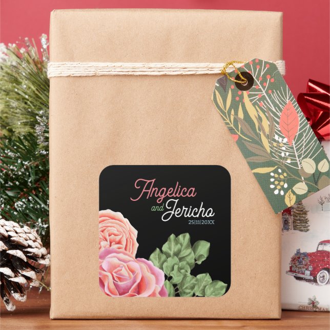 Pink Rose Wedding Theme Square Sticker (Holiday)