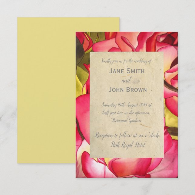 Pink Rose wedding  watercolour art rustic Invitation (Front/Back)