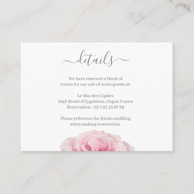 Pink Rose White Grey Floral Wedding Hotel Detail Enclosure Card (Front)