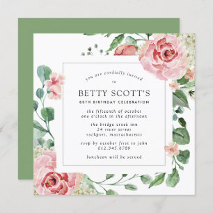 Pink Rose White Hydrangea 80th Birthday Party Invitation