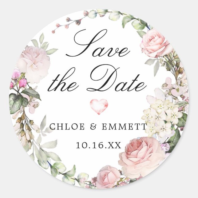 Pink Rose White Hydrangea Save the Date Classic Round Sticker (Front)