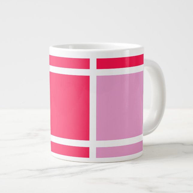 Pink rose white lines squares geometric large coffee mug (Front Right)
