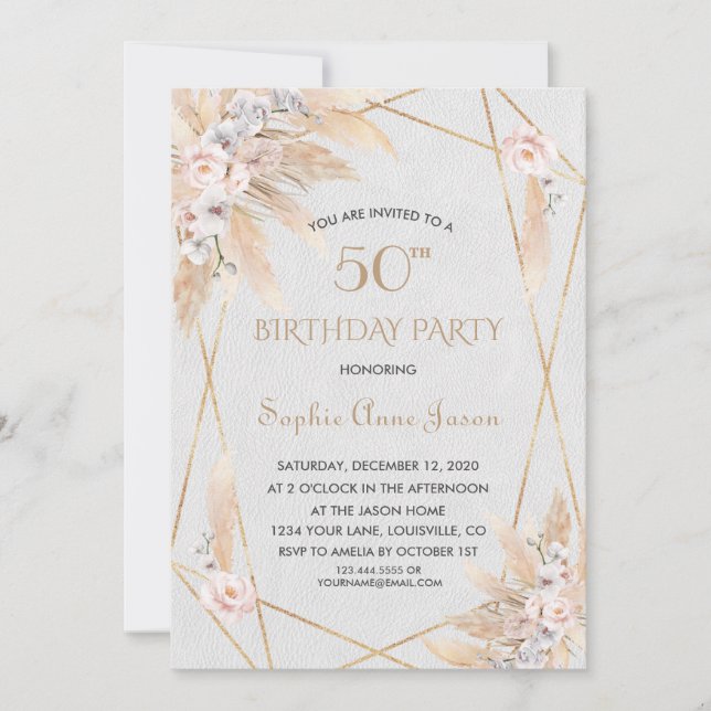 Pink Rose White Orchid Pampas Grass 50th Birthday Invitation (Front)