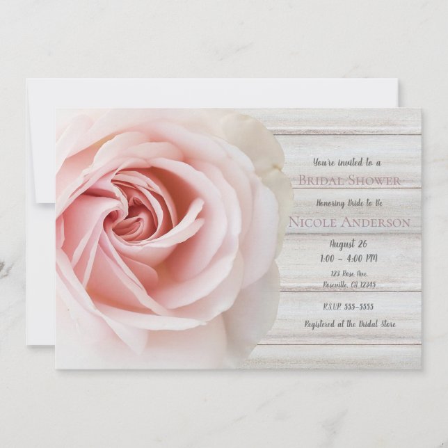 Pink Rose & White Wood Shabby Chic Bridal Shower Invitation (Front)