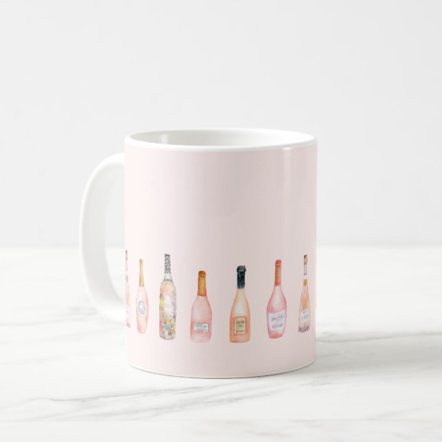 Pink rosé wine bottles watercolor illustration coffee mug (Front Left)