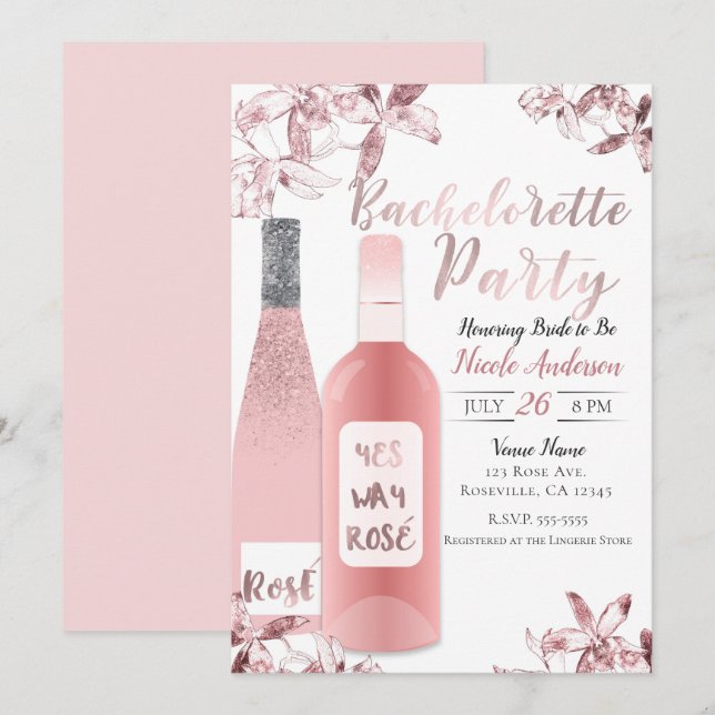 Pink Rosè Wine & Orchid Flowers Bachelorette Party Invitation (Front/Back)
