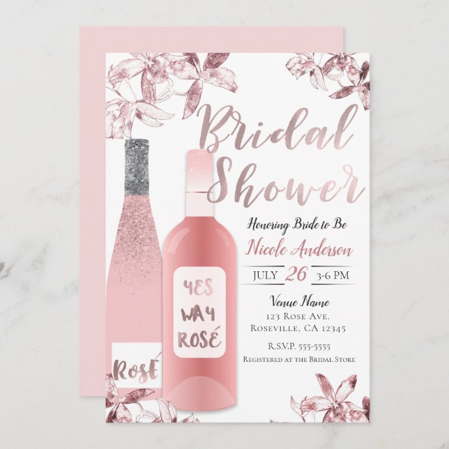 Pink Rosè Wine & Orchid Flowers Bridal Shower Invitation (Front/Back)