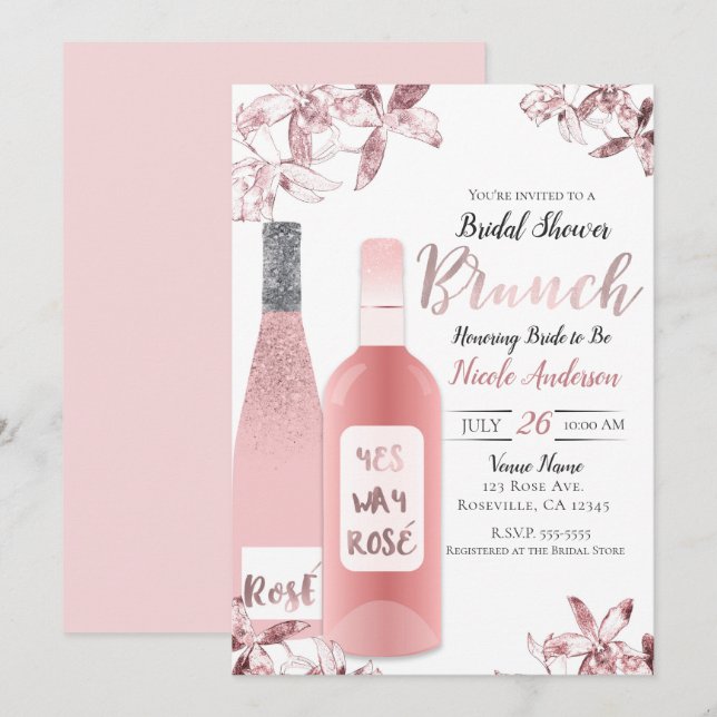 Pink Rosè Wine & Orchid Flowers Brunch Breakfast Invitation (Front/Back)