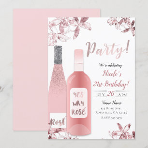 Pink Rosè Wine & Orchid Flowers Party Celebration Invitation