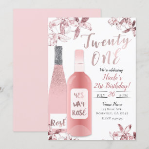 Pink Rosè Wine & Orchid Flowers Twenty One 21st 21 Invitation