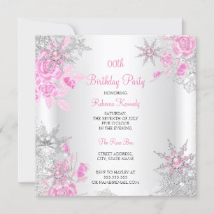 Pink Rose Winter Wonderland Snowflakes Party Invitation