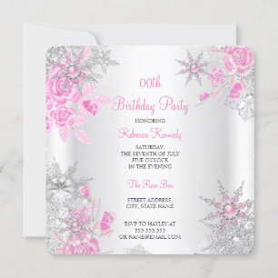 Pink Rose Winter Wonderland Snowflakes Party Invitation