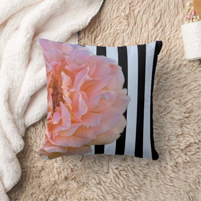 Pink Rose With Black & Blue Vertical Stripes 2 Cushion (Blanket)