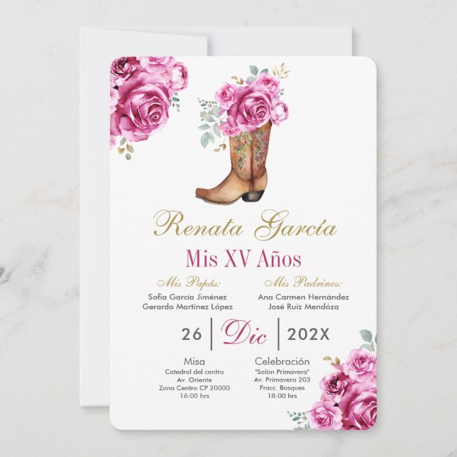 Pink rose with boot Quinceañera Invitation (Front)